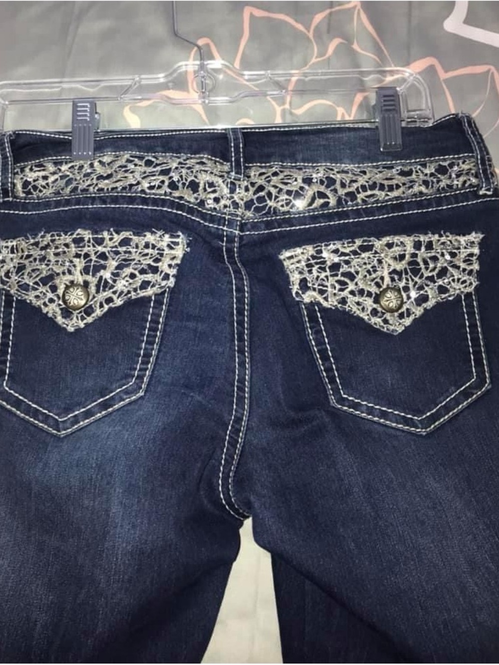 Anna Dark Blue Boot Cut Tummy control Jeans with Cream Crochet Trim